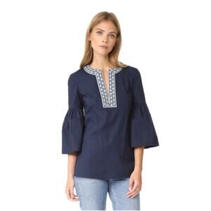Tory Burch Ariana Bell Sleeve Tunic Top in Navy Blue.